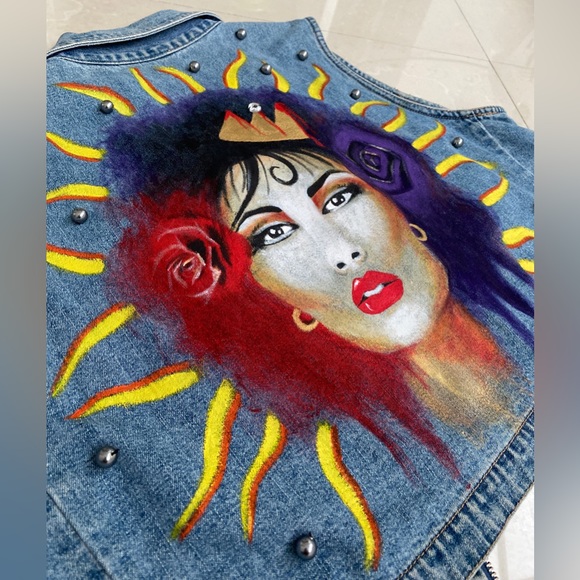 Hand painted vintage up-cycled beaded Selena jean jacket size L - Picture 2 of 5